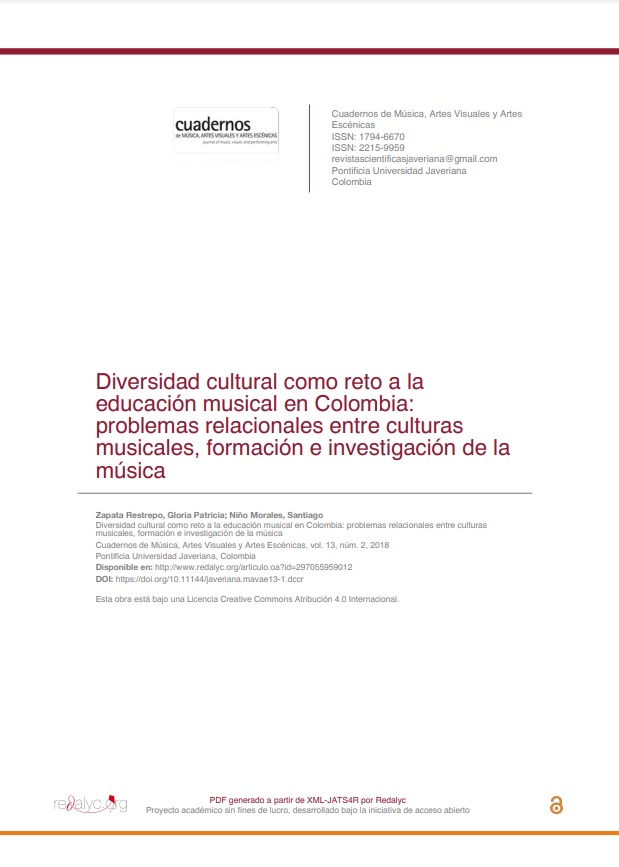 Diversidad Cultural Como Reto A La Educación Musical En Colombia: Problemas Relacionales Entre Culturas Musicales, Formación E Investigación De La Música| Zapata Gloria, Niño Santiago|2018| Fuente:Cuadernos De Música, Artes Visuales Y Artes Escénicas