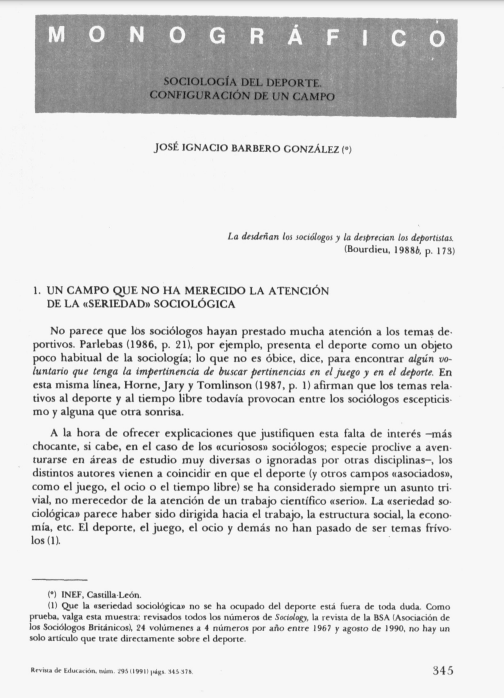 Sociología Del Deporte | José Ignacio Barbero Gonzáles |1991| Fuente: Red De Información Educativa
