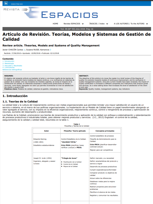 Teorías, Modelos Y Sistemas De Gestión De Calidad| Javier Chacón Cantos, Susana Rugel Kamarova | 2018 | Fuente: Revistaespacios.Com
