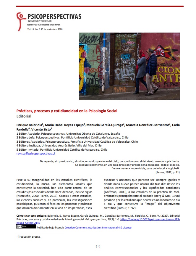 Prácticas, Procesos Y Cotidianeidad En La Psicología Social |Enrique Baleriola, María Isabel Reyes Espejo, Manuela García-Quiroga, Marcela González-Barrientos, Carla Fardella Y Vicente Sisto| 2020 | Fuente: Scielo