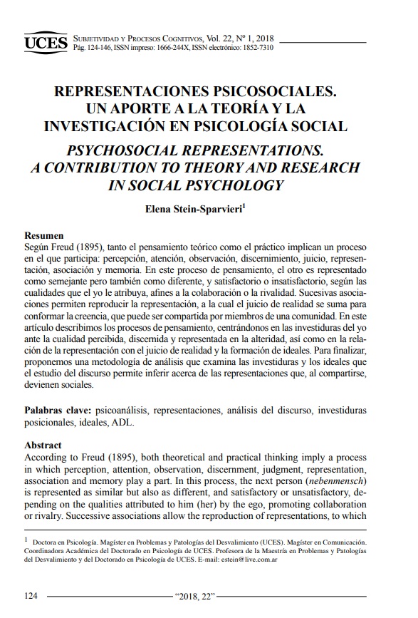 Representaciones Psicosociales. Un Aporte A La Teoría Y La Investigación En Psicología Social| Elena Stein-Sparvieri| 2018 |Fuente: Scielo