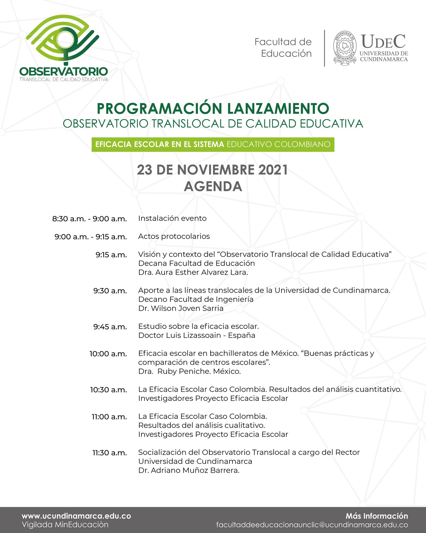 Lanzamiento de observatorio de calidad educativa — programación Programación del lanzamiento del Observatorio Translocal de Calidad Educativa, 23 de noviembre de 2021. La agenda completa está transcrita en el texto de esta noticia.