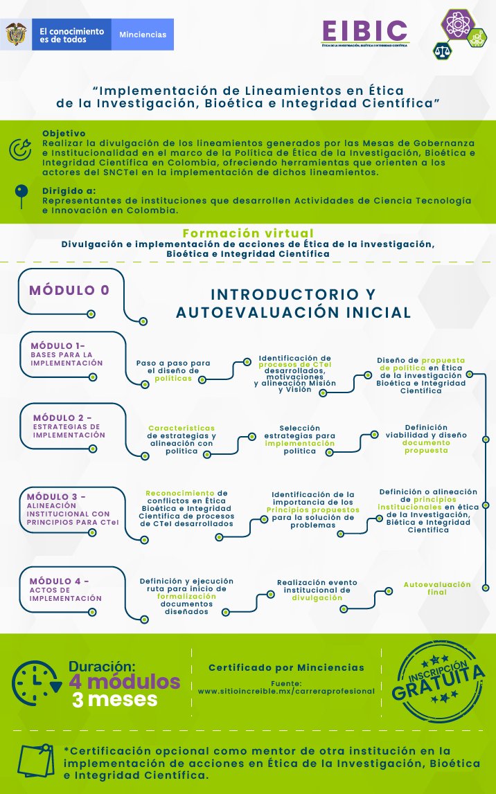 Minciencias invitation to training in the Implementation of Guidelines on Research Ethics, Bioethics and Scientific Integrity - Pre-registration — image 2 of 2 Minciencias invitation to training in the Implementation of Guidelines on Research Ethics, Bioethics and Scientific Integrity - Pre-registration — image 2 of 2