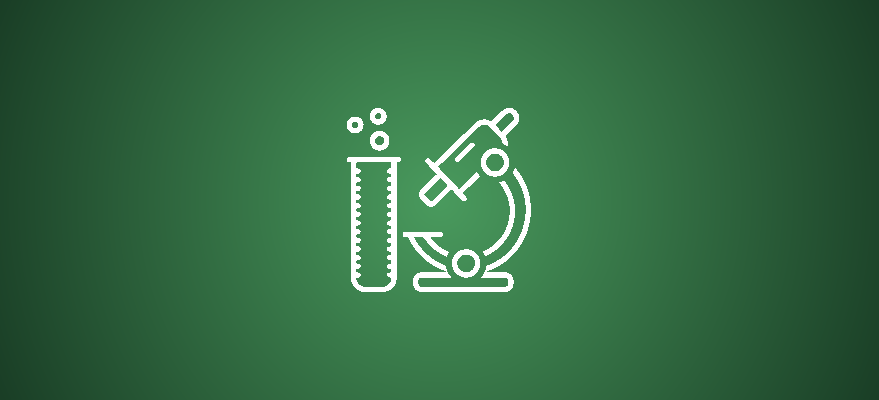 Icono de programación de espacios académicos: tubo de ensayo y microscopio sobre fondo verde