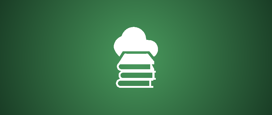 Icono de préstamo externo de medios educativos: nube y pila de libros sobre fondo verde